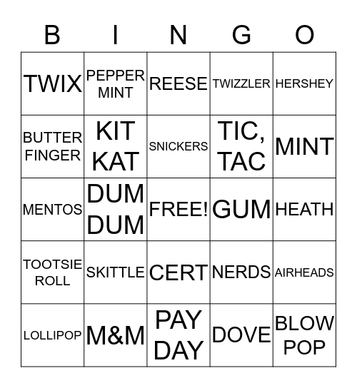 C A N D Y Bingo Card