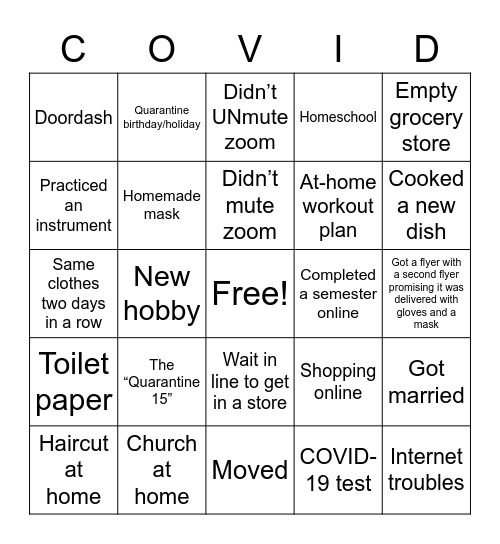 Quarantine Bingo Card