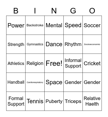 PDHPE Bingo Card