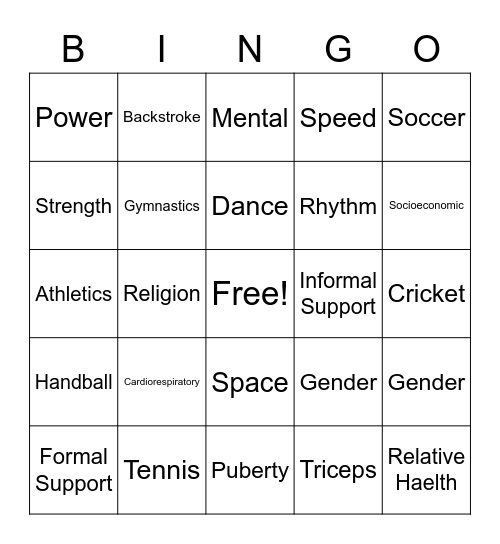 PDHPE Bingo Card