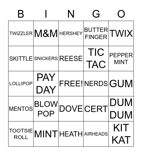 C A N D Y Bingo Card