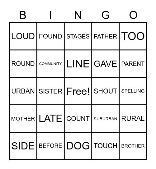 Spelling Bingo Card