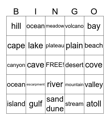 Land and Water Forms Bingo Card
