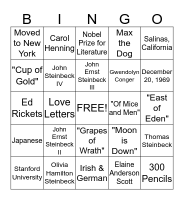 John Steinbeck Bingo Card