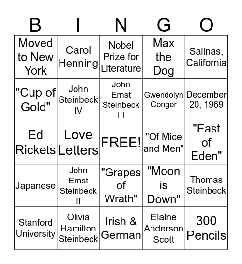 John Steinbeck Bingo Card