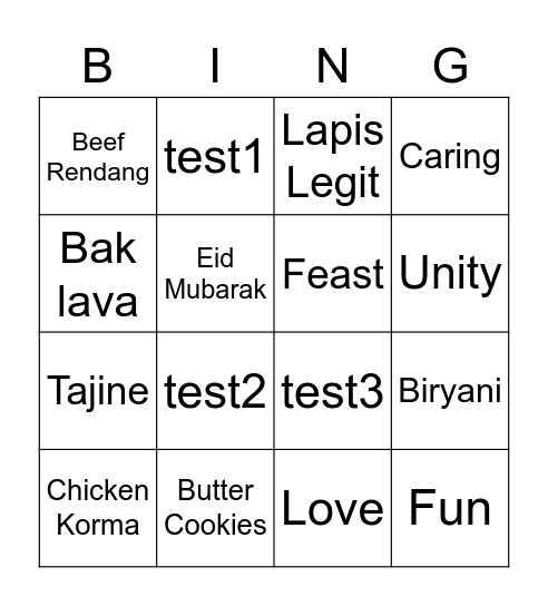 Eid Delicacies Bingo Card
