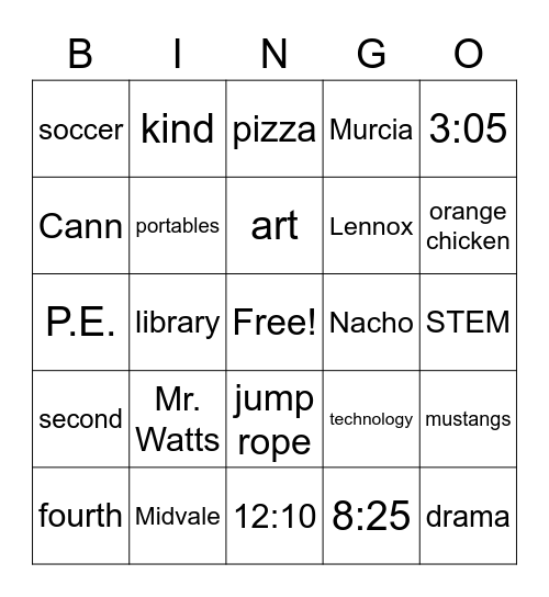 Midvale End of School Bingo Card