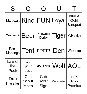 Cub Scout Bingo Card