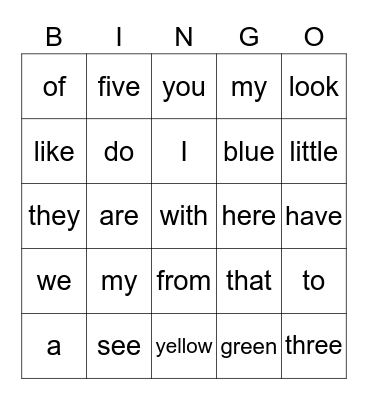 Sight Words Bingo Card