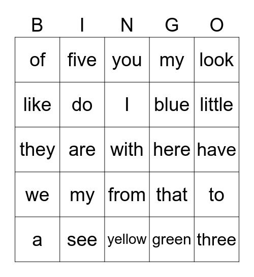 Sight Words Bingo Card