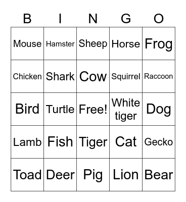 Animal Bingo Card
