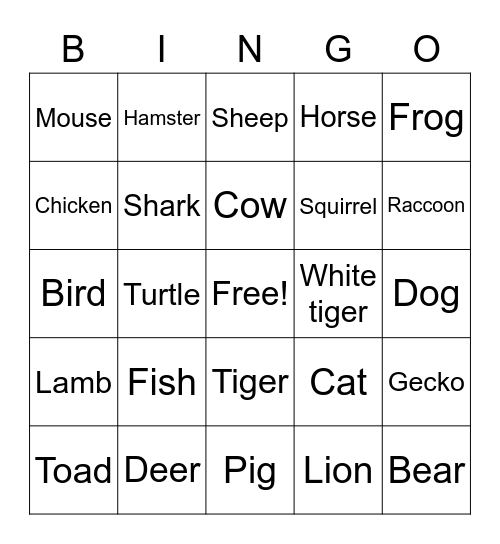 Animal Bingo Card