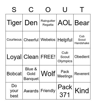 Cub Scout Pack 371 Bingo Card