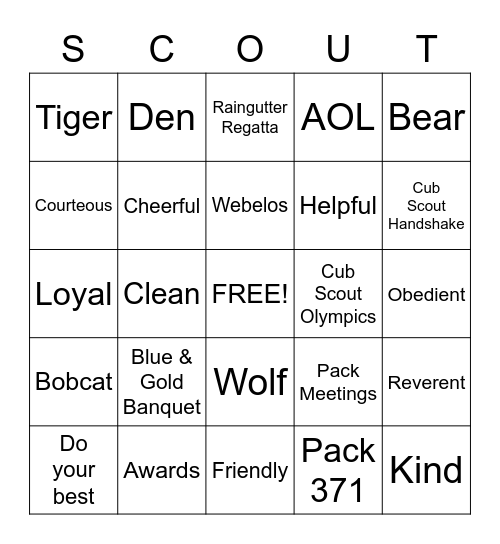 Cub Scout Pack 371 Bingo Card