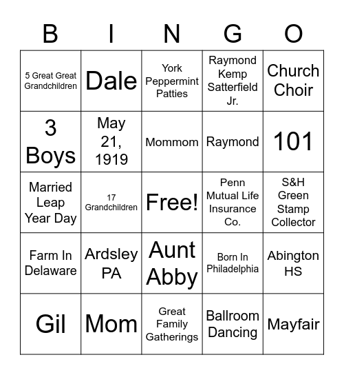 101st Birthday Bingo! Bingo Card