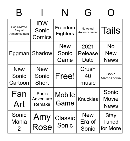 Sonic Live Stream Bingo Card