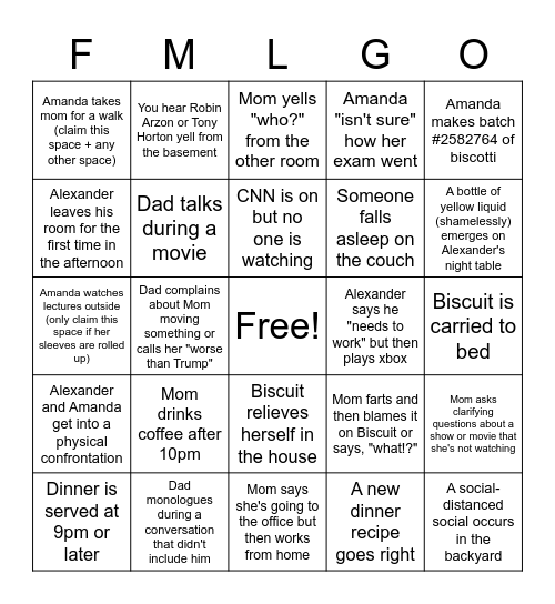 Pirola Household Quarantine Bingo Card