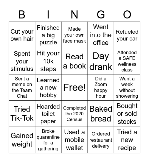 Quarantine Bingo Card