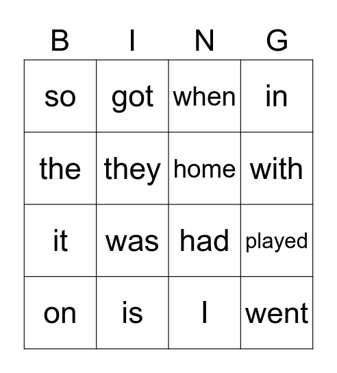 Oxford Word Bingo Card
