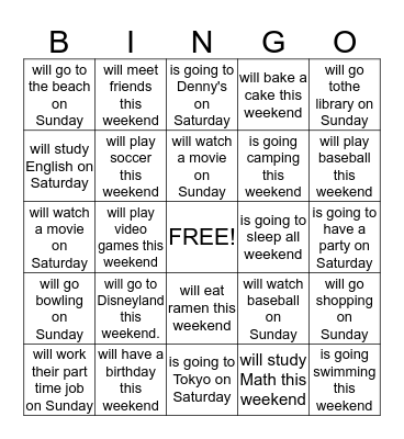 Find out what your Nippa classmates will do this weekend Bingo Card
