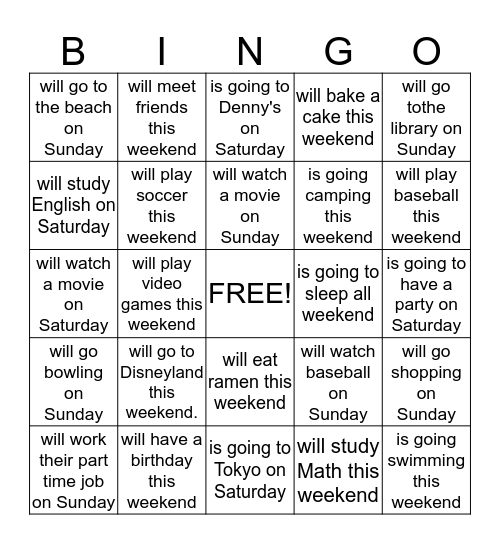 Find out what your Nippa classmates will do this weekend Bingo Card