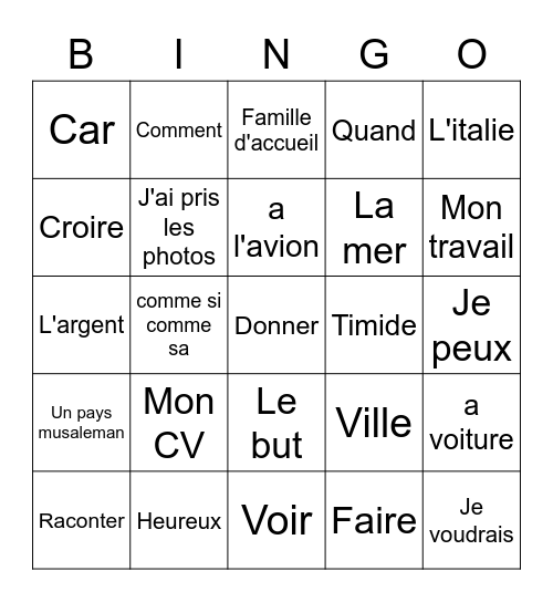 La Vocabulaire Francais Bingo Card