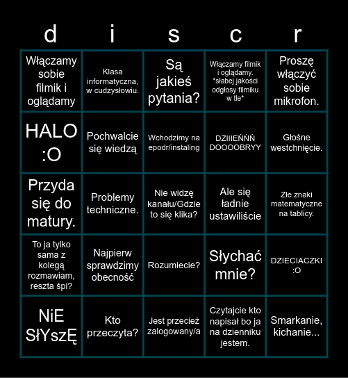 Nauczyciel na discord be llike... Bingo Card