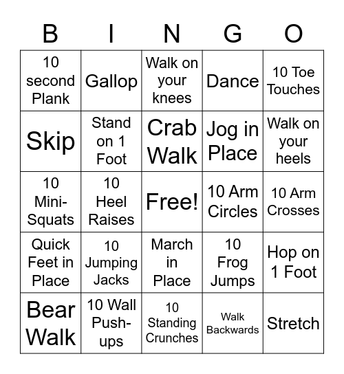 Let's Move It! Bingo Card