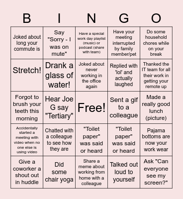 Remote Work Bingo Card