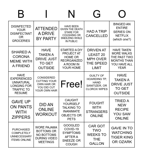 WFH/QUARANTINE BINGO Card