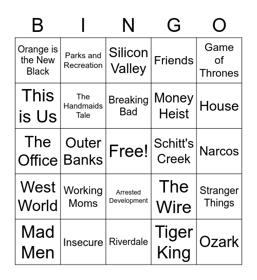 Binge-Worthy TV Shows Bingo Card