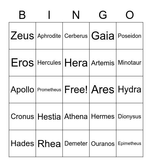 Greek Mythology Bingo Card