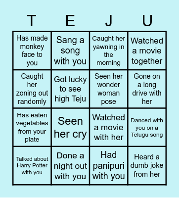 Teju's Birthday Bingo Card