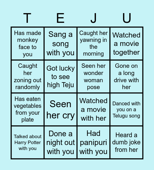 Teju's Birthday Bingo Card