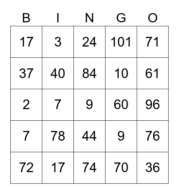 NUMBER Bingo Card