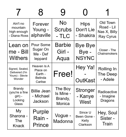 Musical Bingo (70's-2010's) Bingo Card