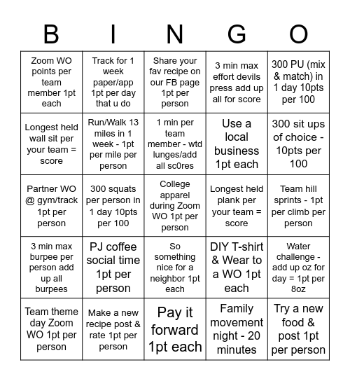 Quarantine Challenge Bingo Card