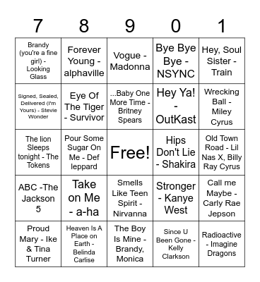Musical Bingo (70's-2010's) Bingo Card