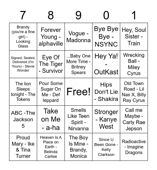 Musical Bingo (70's-2010's) Bingo Card