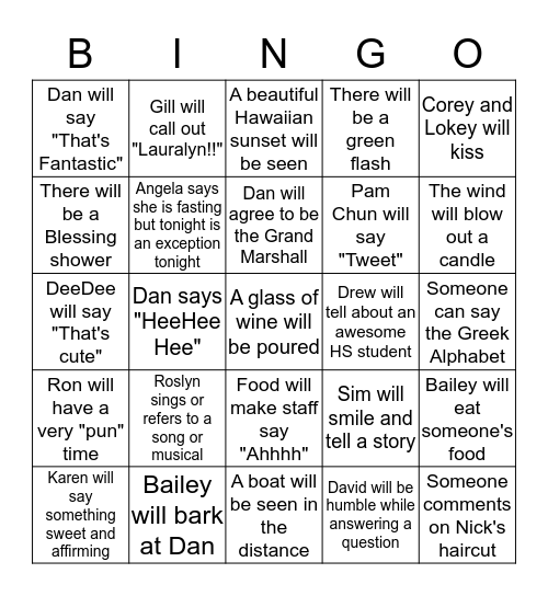 First Prez Staff Party Bingo Card