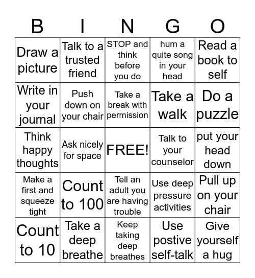 Self-Calming Strategies Bingo  Bingo Card