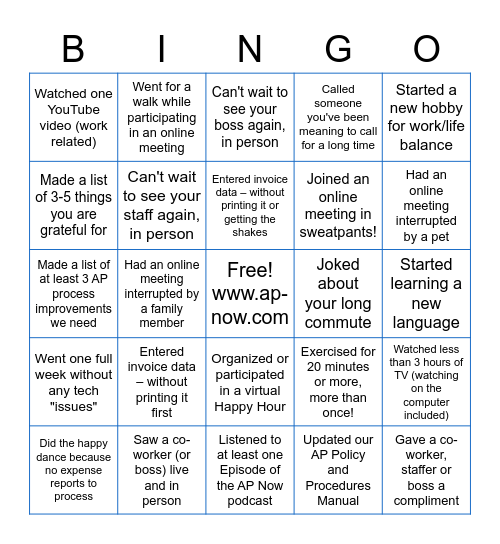 AP Now s Accounts Payable Remote Bingo Card