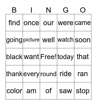 First Grade Sight Words Bingo Card