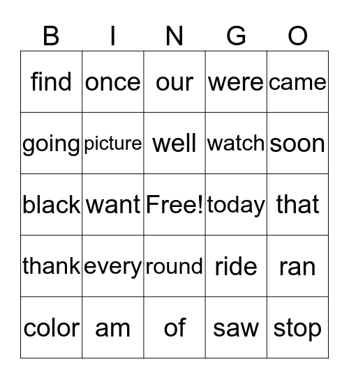 First Grade Sight Words Bingo Card