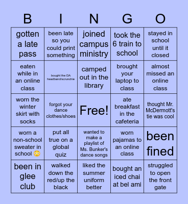 DA Freshmen Bingo Card
