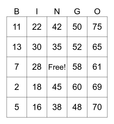 Numbers (1-75) Bingo Card