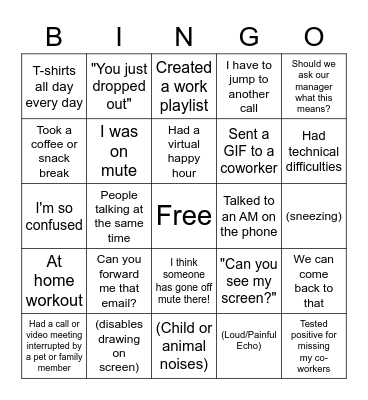 Work From Home Bingo Card