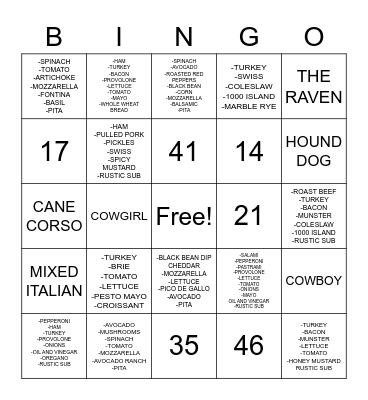 SANDWICH BINGO 2 Bingo Card