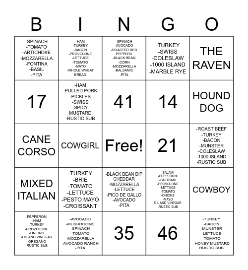 SANDWICH BINGO 2 Bingo Card