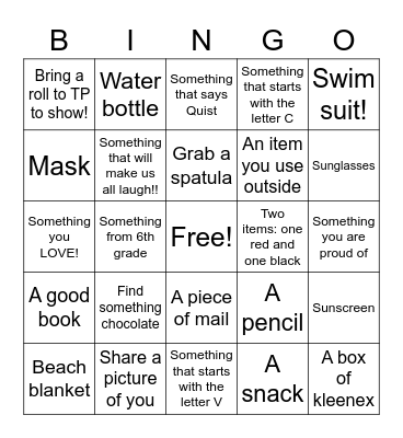 Summer Item Bingo Card